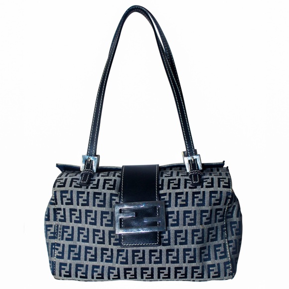 Vintage Fendi Zucchino Blue Leather Canvas Satchel